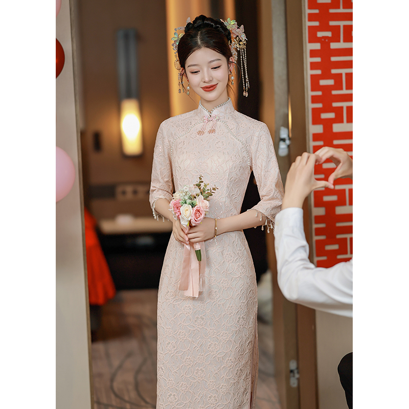 粉色蕾丝旗袍2025新款日常高级感改良年轻款素雅订婚礼服女新中式