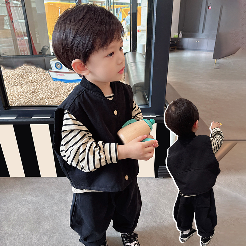巨洋气~男童梭织棉韩版套装2024秋季新款中小童宝宝纯棉马甲+长裤