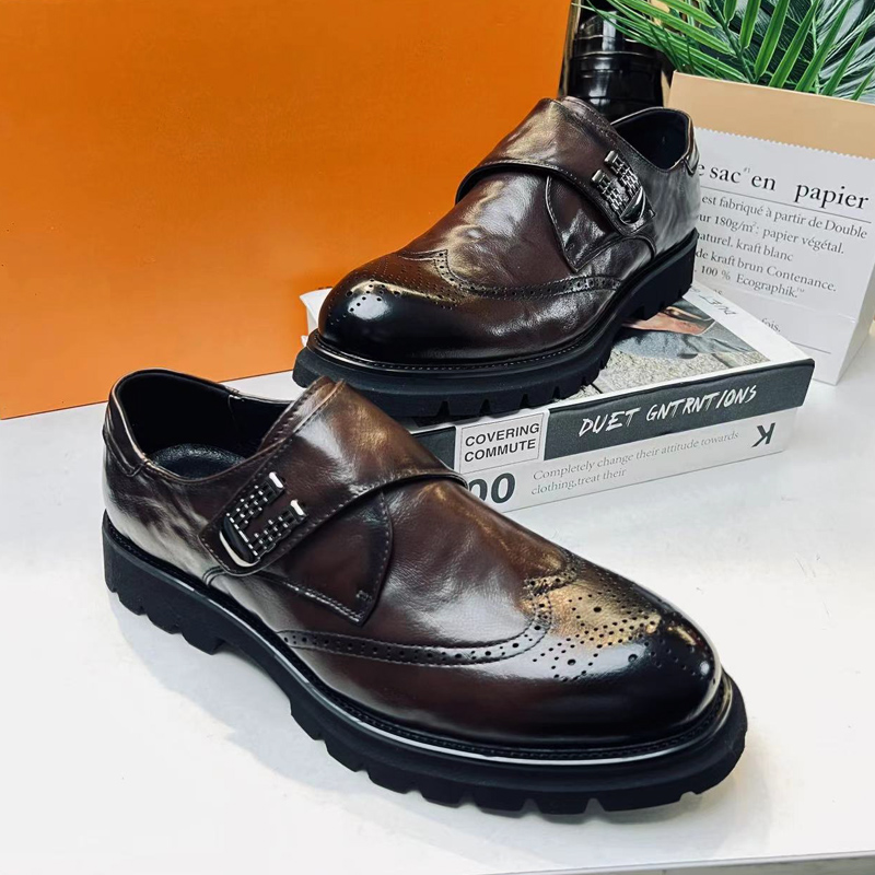 男士头层牛皮商务休闲皮鞋时尚百搭帅气低帮布洛克雕花套脚乐福鞋