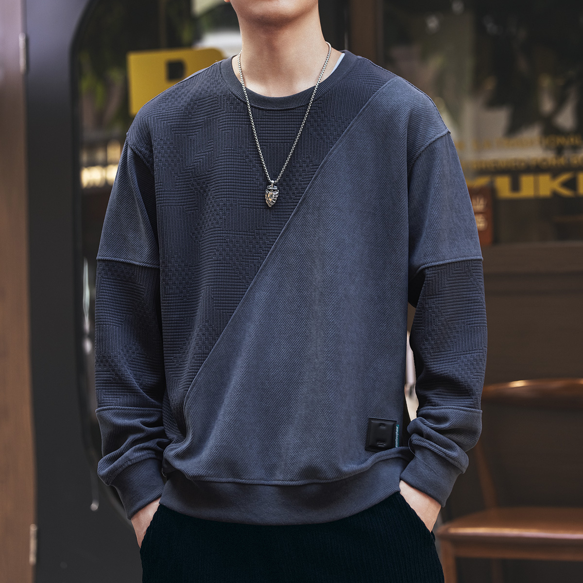 格蓝鹿高端美式复古拼接长袖卫衣男2025秋季新款宽松灰蓝色上衣男