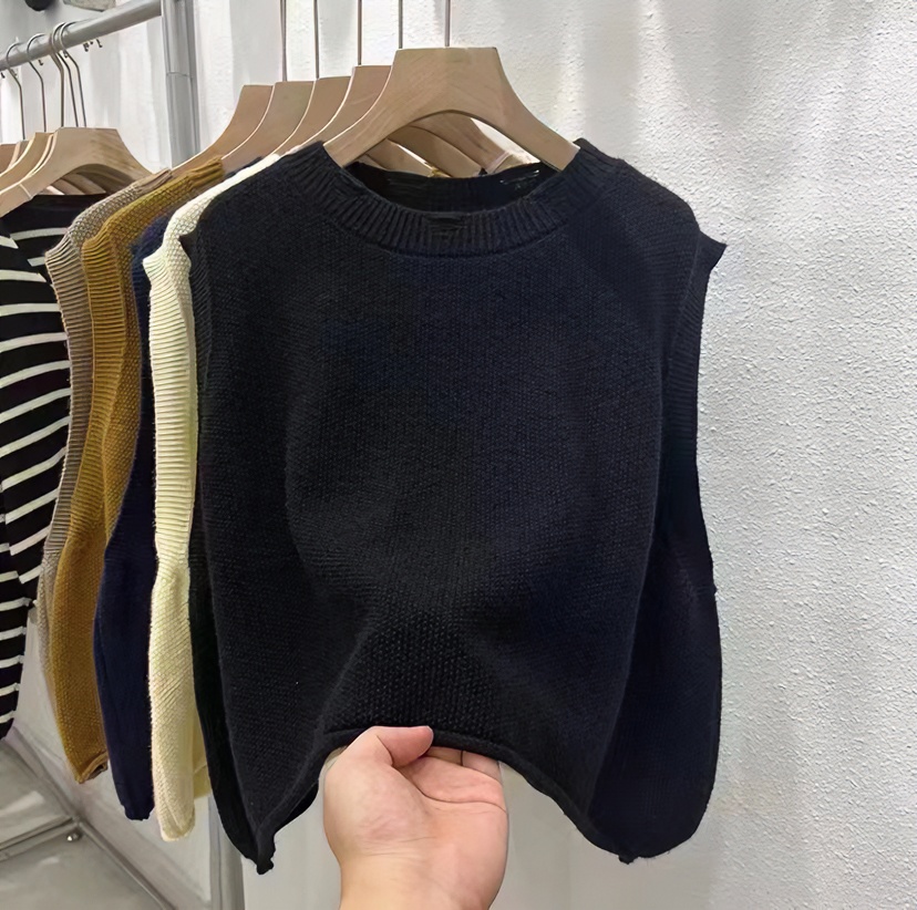 圆领磨破设计感特种纱气质针织马甲女春秋季新款宽松韩版毛衣背心