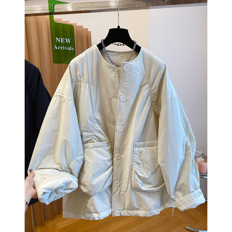 欧货设计感轻薄棉服女冬季2024新款宽松休闲时尚无领棉衣夹棉外套