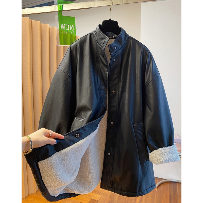 高级感黑色pu皮衣棉服女秋冬2024新款皮毛一体毛茸茸内里大衣外套