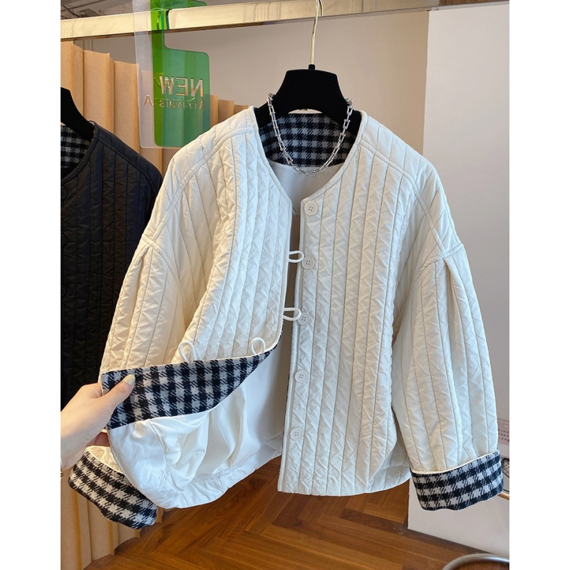 千鸟格拼接薄款棉服女轻薄2024新款宽松休闲百搭圆领夹棉棉衣外套