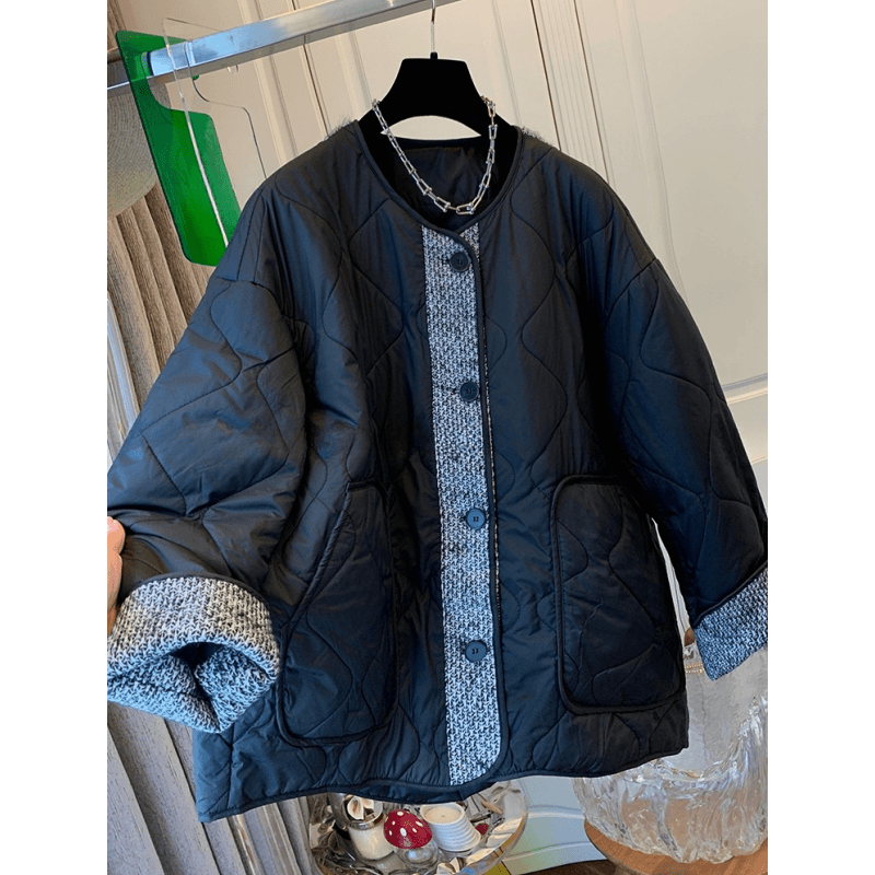 高级感小香气质菱格圆领棉服棉衣宽松夹棉百搭外套2024秋冬上衣女