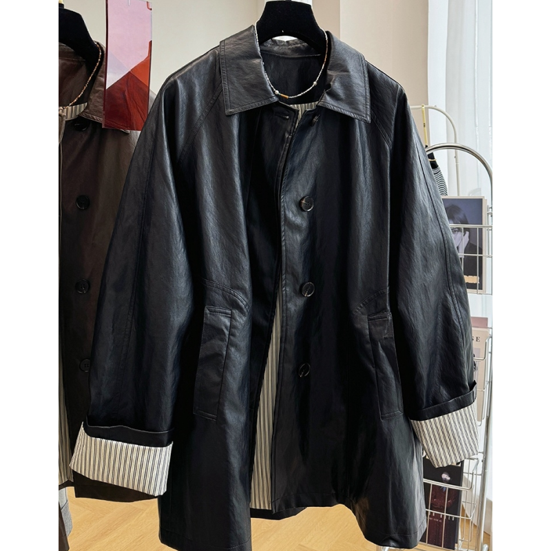 高级感别致翻领中长款皮衣皮夹克外套女春秋季韩系宽松松弛感风衣