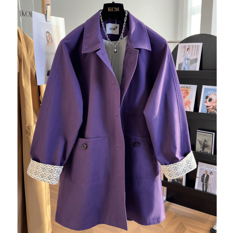 欧洲站蕾丝拼接袖口翻领风衣女2024秋季新款洋气时尚中长款外套