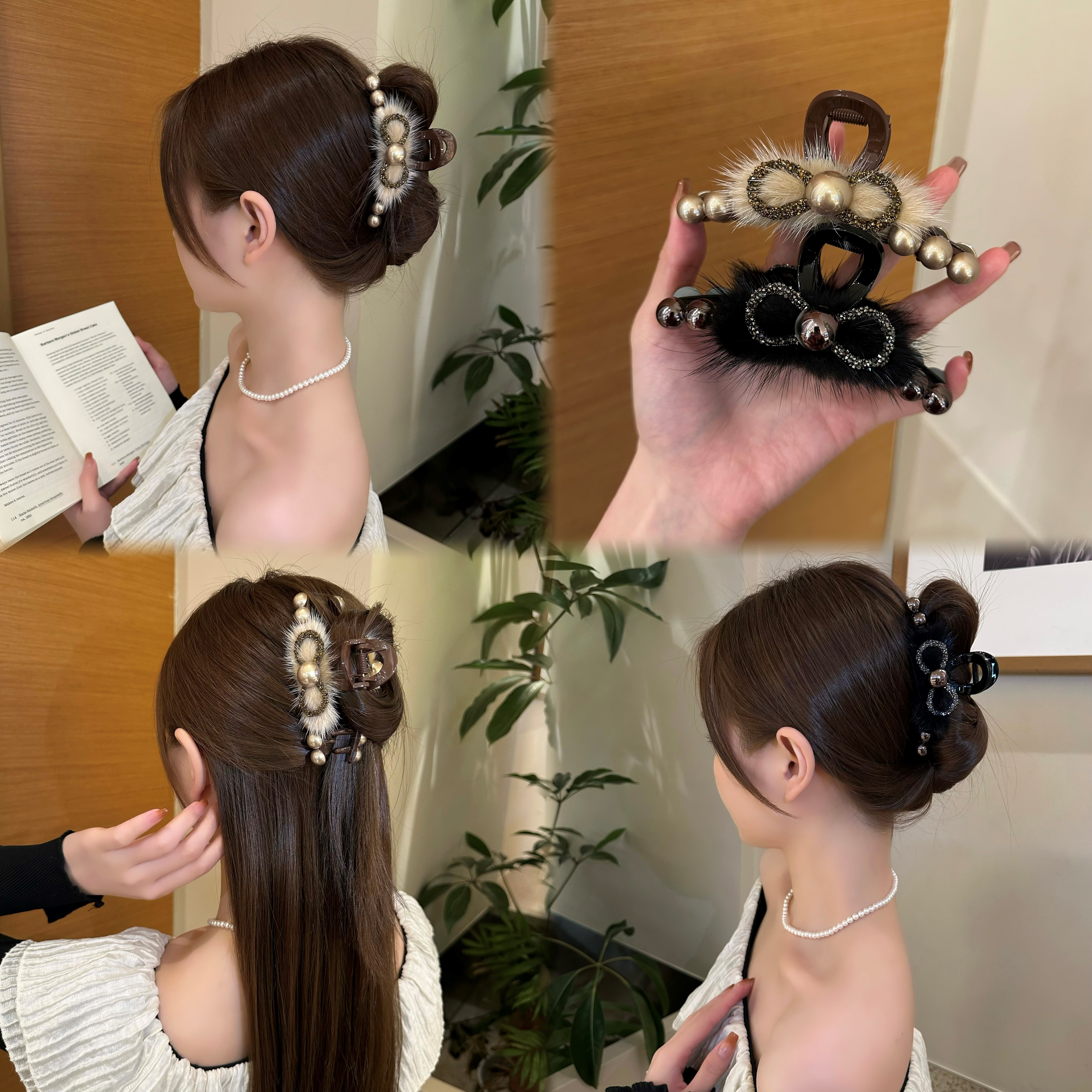 韩版蝴蝶结毛毛抓夹女后脑勺盘发鲨鱼夹大号发卡子半扎发发夹头饰