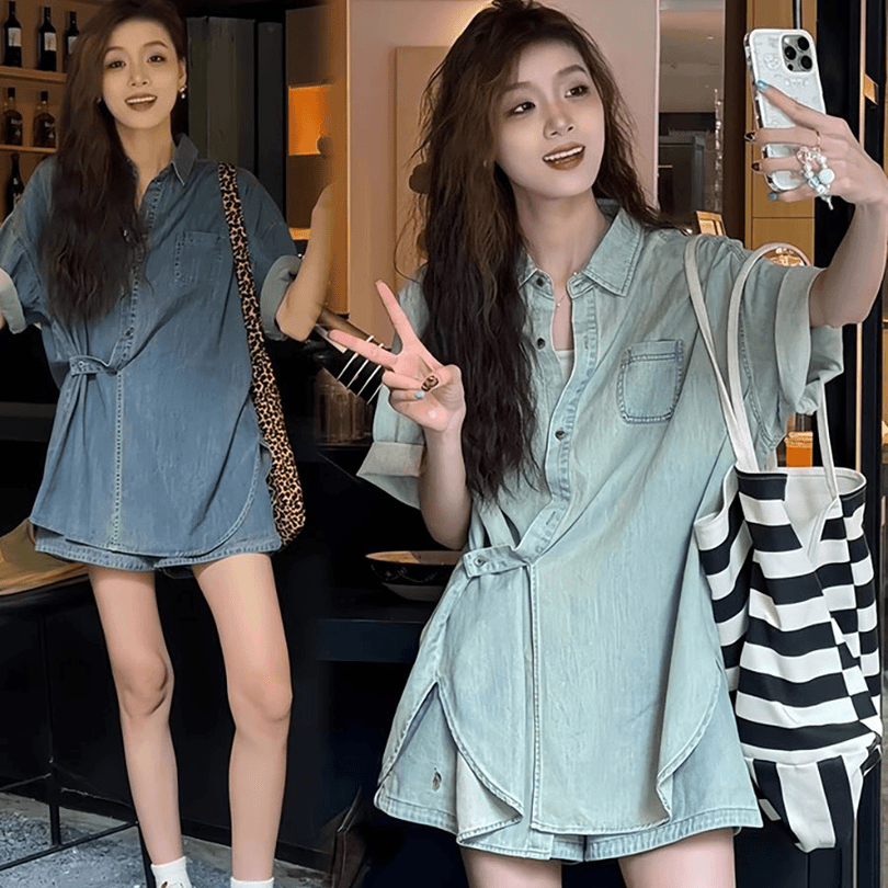 气质高级感牛仔套装新款夏季宽松显瘦开衫上衣显瘦高腰短裤两件套