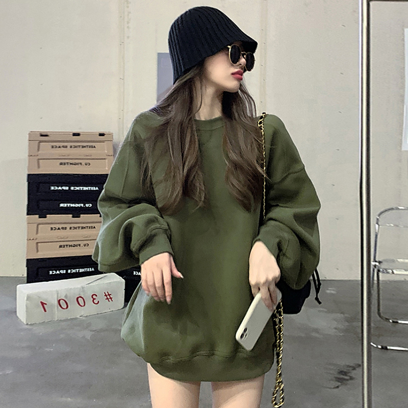 军绿色圆领卫衣女2024秋季新款美式休闲宽松时尚遮屁股中长款上衣