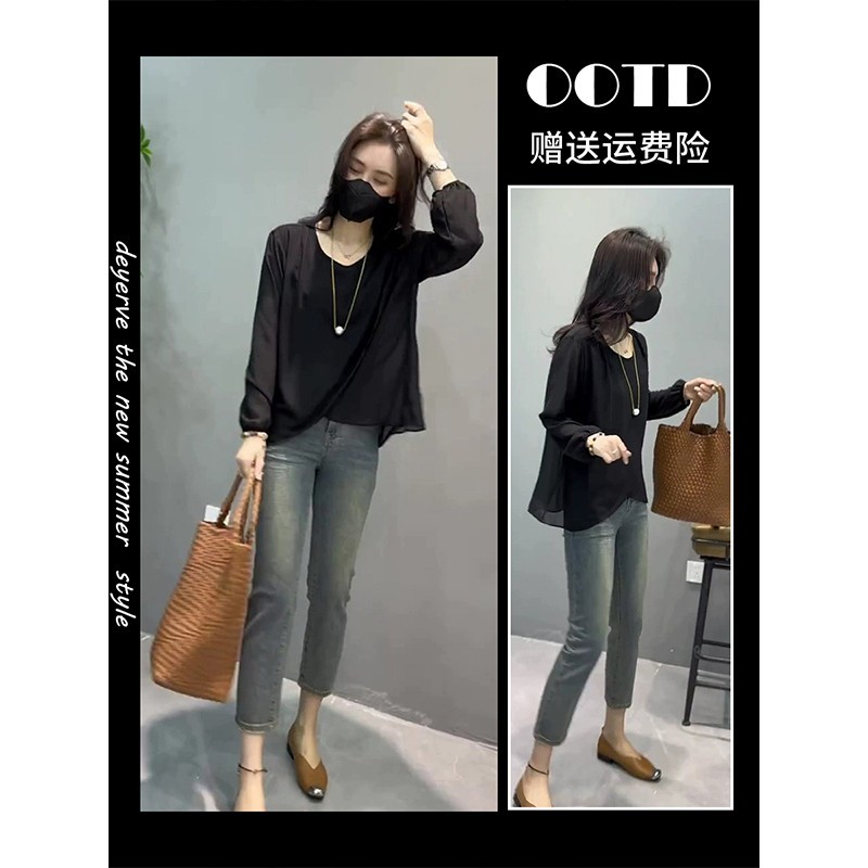 2025春装新款今年流行高级感上衣欧货高端薄款黑色套装防晒衬衫女