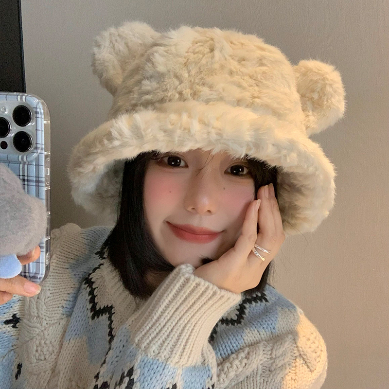 可爱小熊耳朵毛绒渔夫帽女2024年秋冬季大头围帽子保暖显脸小盆帽