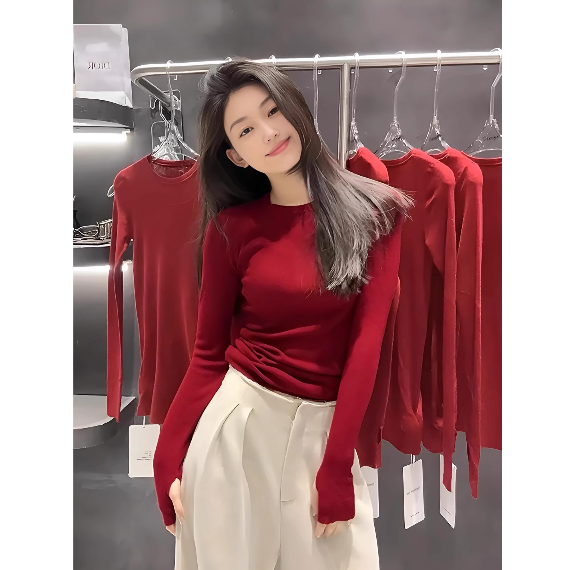 芊芊芙红色针织衫女装春秋款韩系chic氛围感红茶风穿搭打底衫上衣