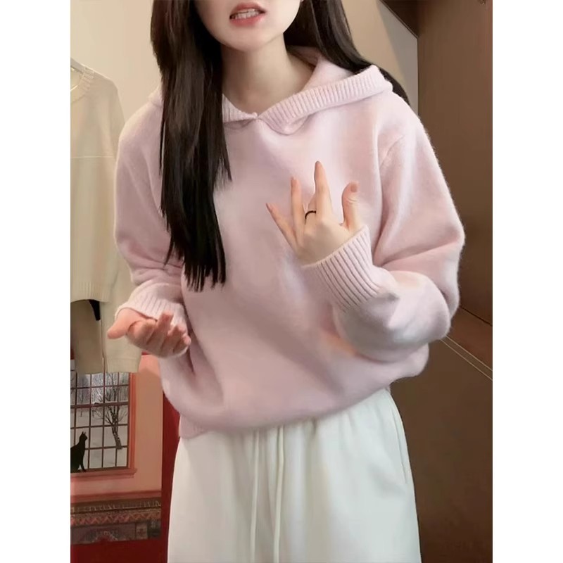 芊芊芙粉色连帽针织衫女春秋新款高级感韩版宽松套头毛衣长袖上衣