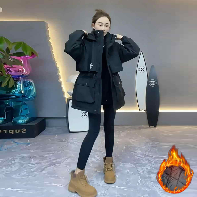 欧货加棉冲锋衣女士2025年秋冬通勤风字母刺绣加厚薄棉派克棉服潮