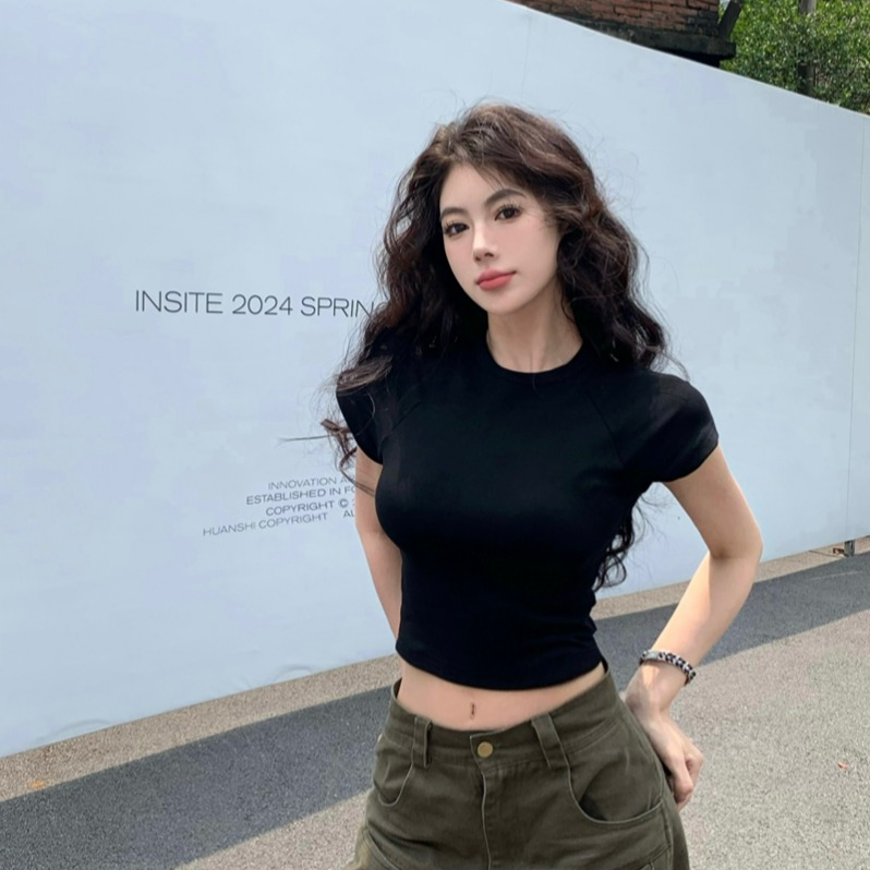 设计感正肩白色简约t恤短袖女飞飞袖高腰修身辣妹短款打底衫上衣