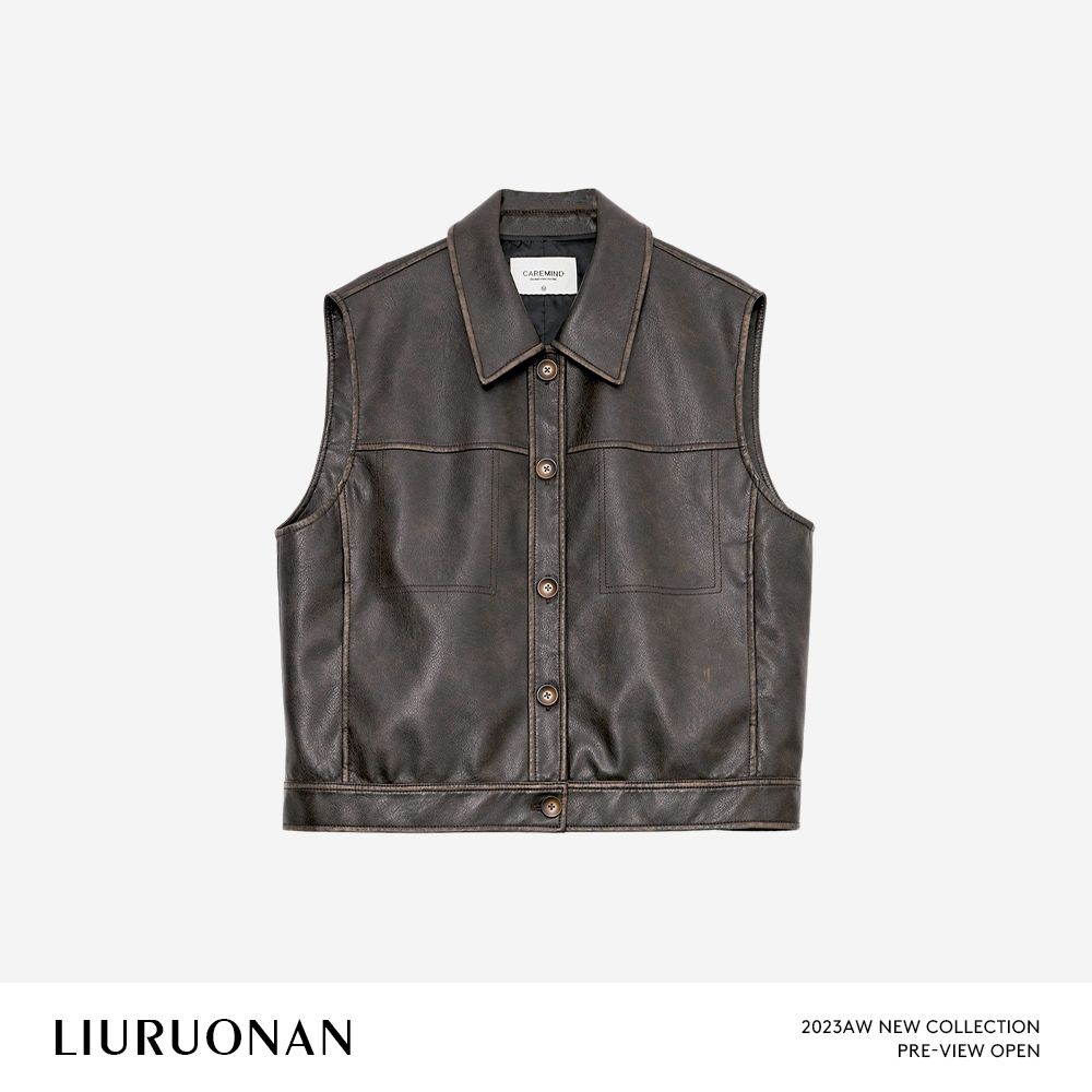 LIURUONAN 23AW 【神奇马甲】外搭polo翻领设计感皮衣马夹无袖外套