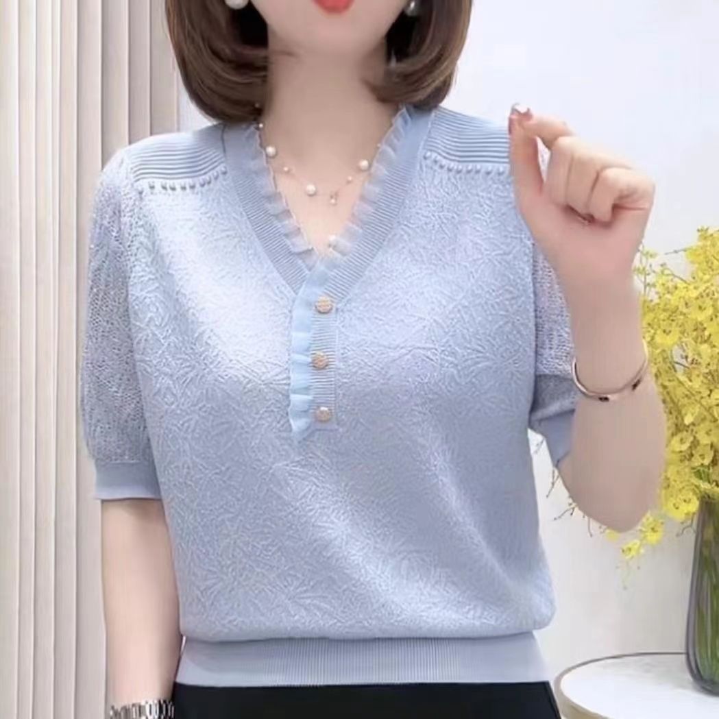 夏季限定新款短袖时尚百搭显瘦针织T恤v领镂空提花上衣洋气质女装