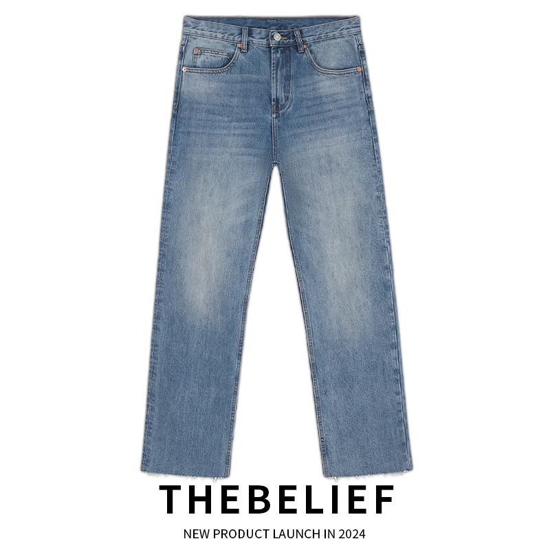 24669#美国Cone Denim面料水洗做旧蓝裤脚散边设计宽松直筒牛仔裤