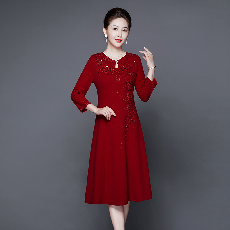 春秋女结婚妈妈装高档高贵弹力婚宴礼服喜婆婆喜服婚礼旗袍连衣裙