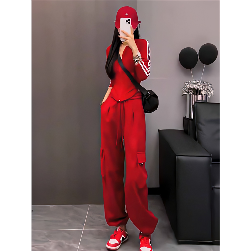 欧货高级感运动服套装女春秋炸街显瘦修身上衣高腰工装裤两件套