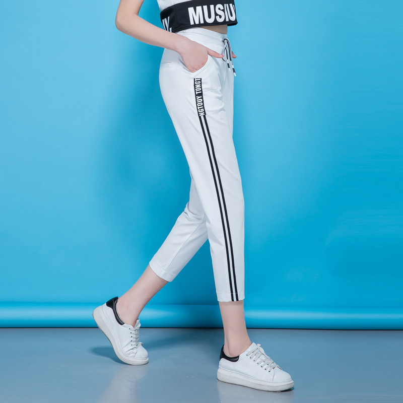 弹力舒适白色裤子女夏季品质新款九分裤小脚条纹薄款女哈伦运动裤