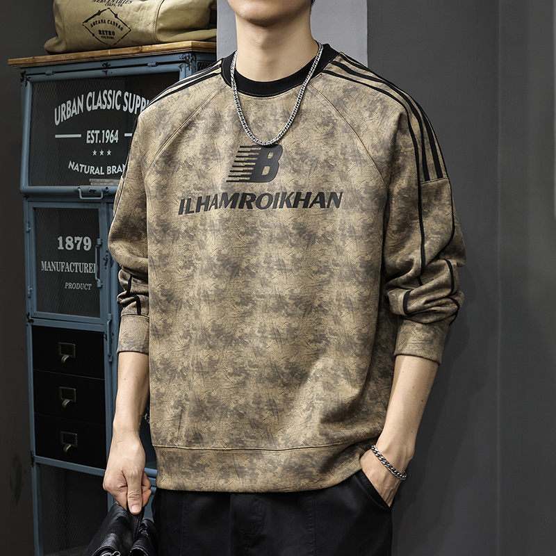 水洗扎染印花圆领卫衣男秋冬美式宽松大码条纹插肩长袖加绒上衣潮