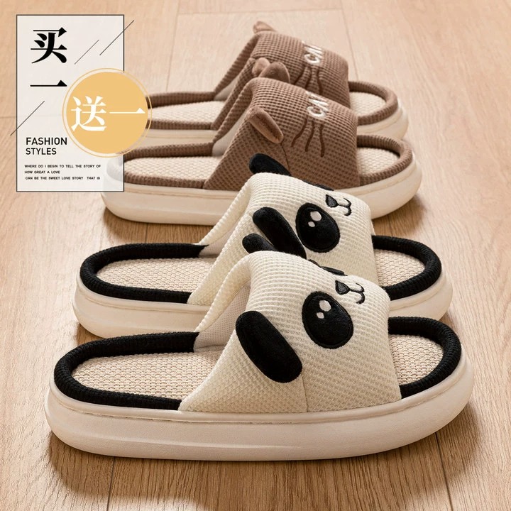 买一送一亚麻拖鞋室内居家防滑可爱厚底情侣家庭棉麻外穿秋天拖鞋