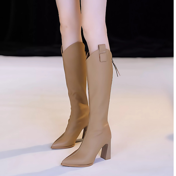 2025年秋冬款不掉筒V口高跟骑士靴女尖头后拉链粗跟高筒长筒靴