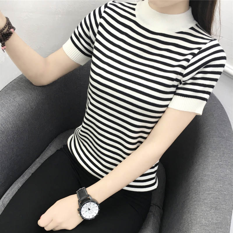 2025年半高领初秋短袖T恤女毛衣女黑白条纹打底衫女针织衫女