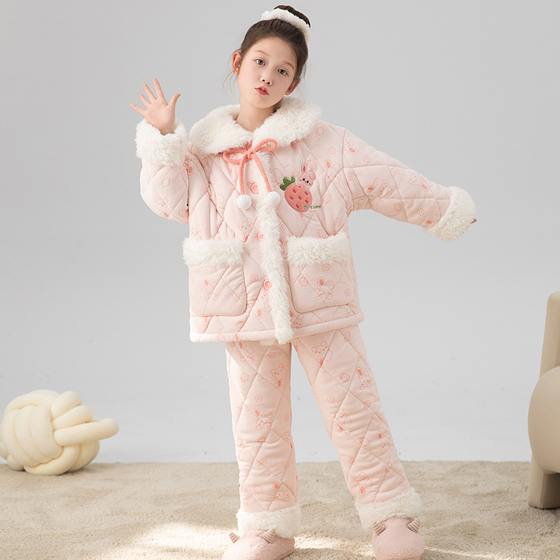 女童睡衣三层夹棉加厚加绒款珊瑚绒中大童儿童家居服套装