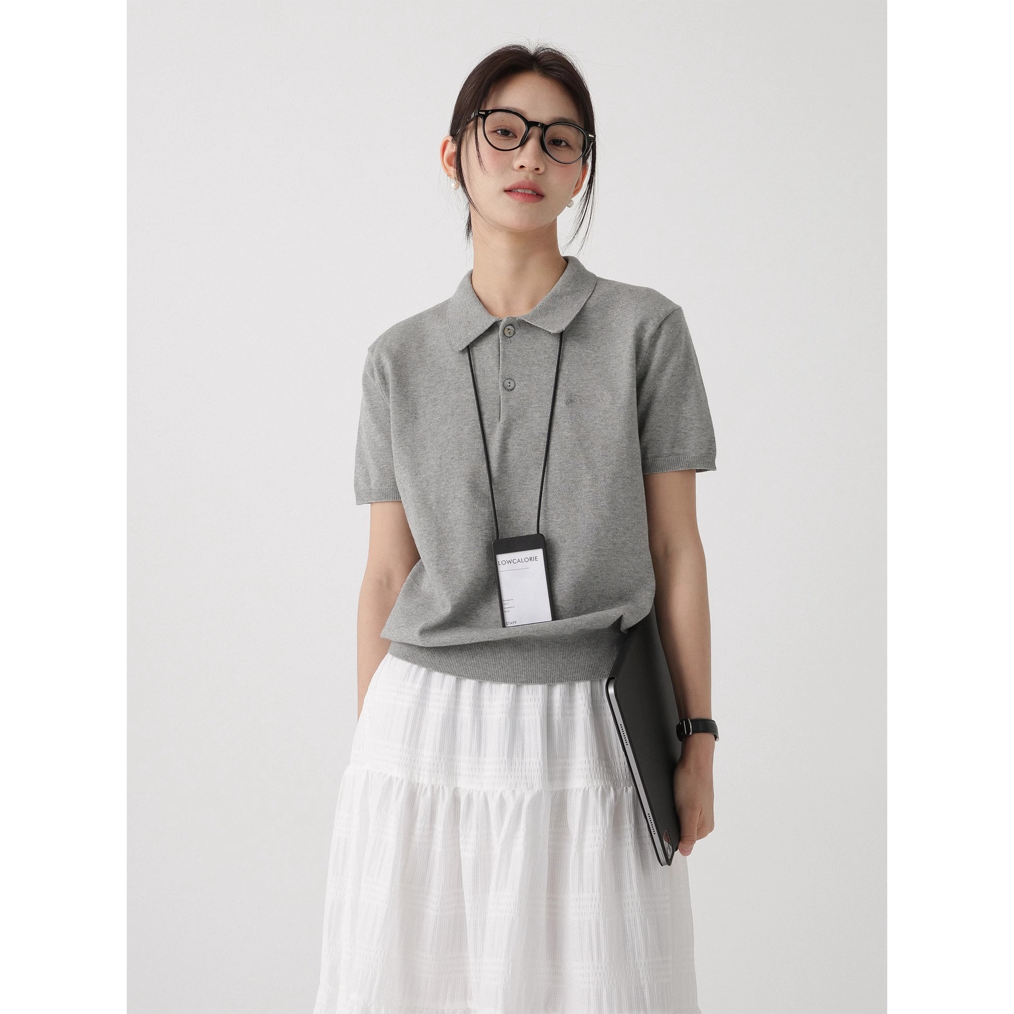 灰色针织polo翻领正肩短袖t恤女春夏收腰显瘦短上衣高级感小个子