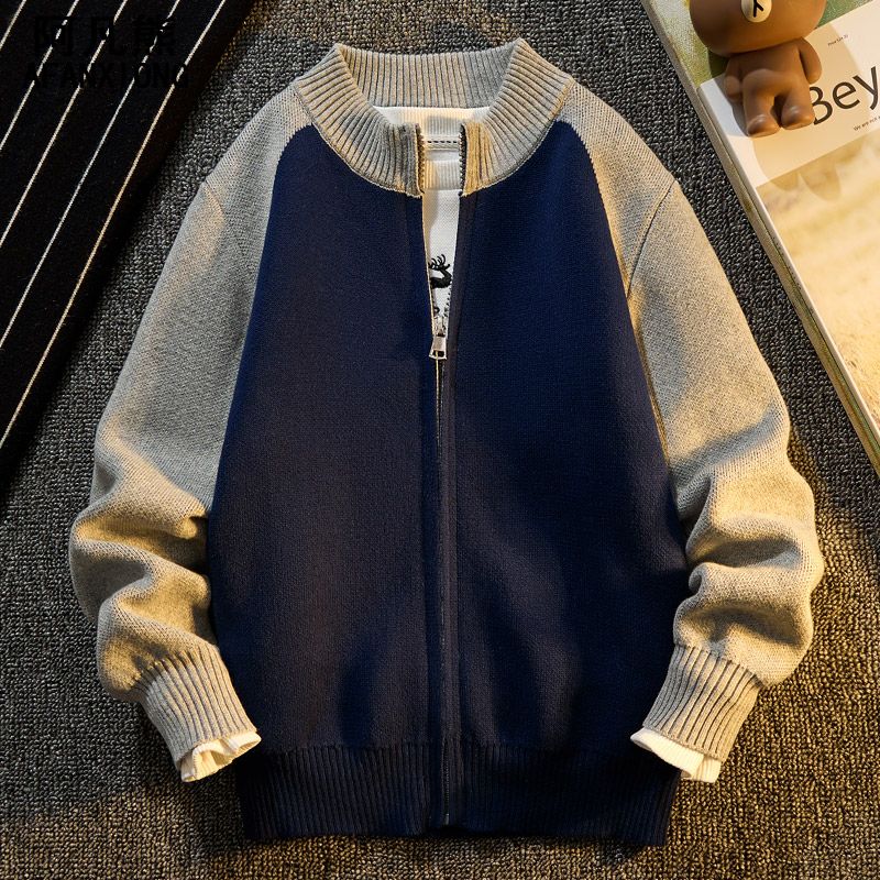 男童纯棉棒球服开衫外套2025秋冬新款儿童长袖拉链针织衫外搭毛衣