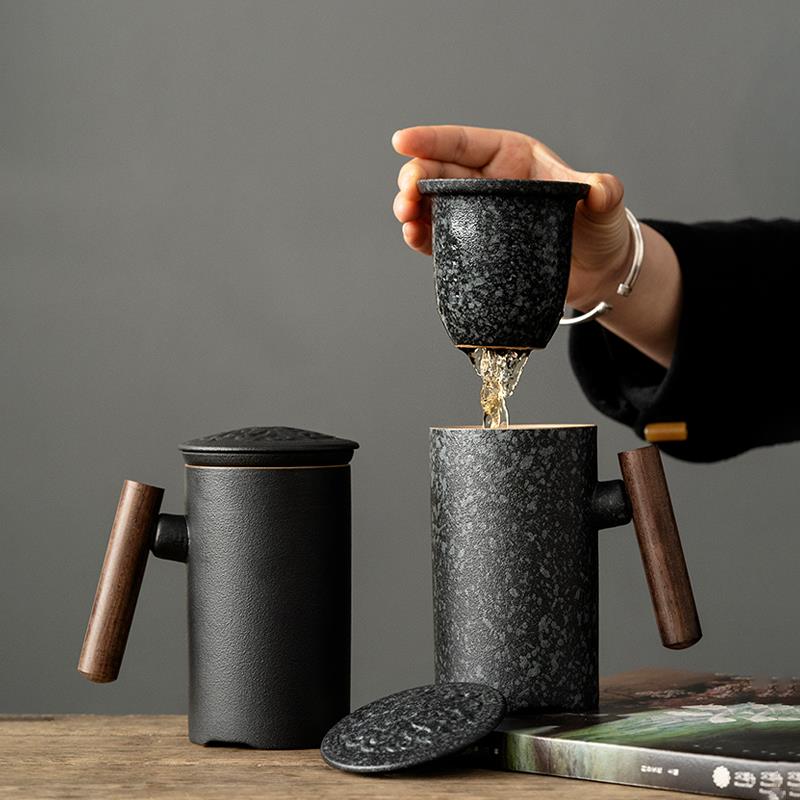 述泥泡茶杯陶瓷茶水分离杯子男个人专用办公室大容量带过滤带盖定