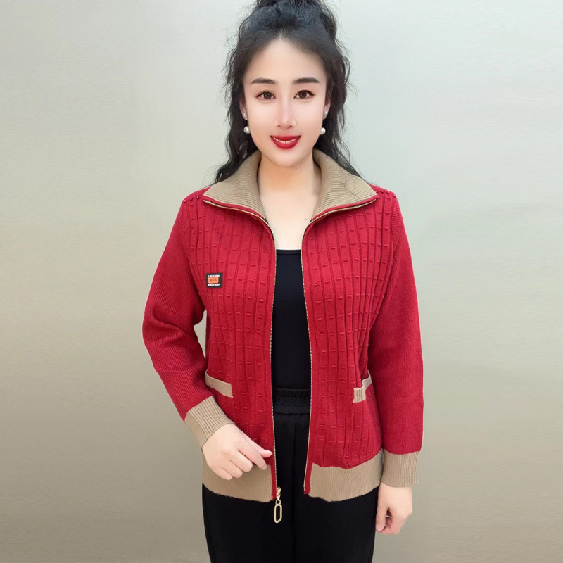 秋冬新款衫针织开衫外套女洋气年轻妈妈装拼色百搭短款上衣潮