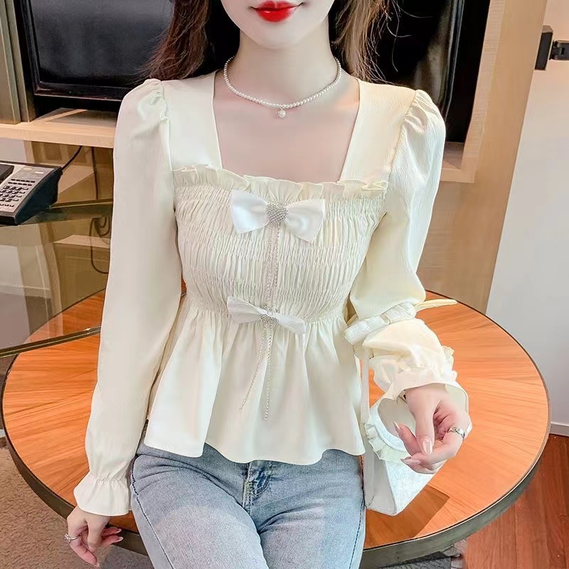 春秋季新款法式方领收腰时尚显瘦甜美减龄遮肚子蝴蝶结长袖上衣女