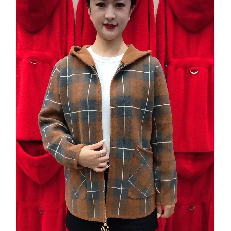 妈妈装仿双面呢短款外套女秋冬季中老年女大码格子春毛呢拉链外套