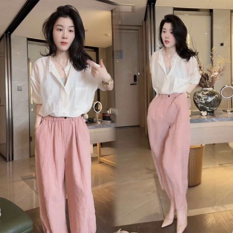 御姐风薄透防晒长袖衬衫2024夏季新款高腰休闲阔腿裤宽松两件套装