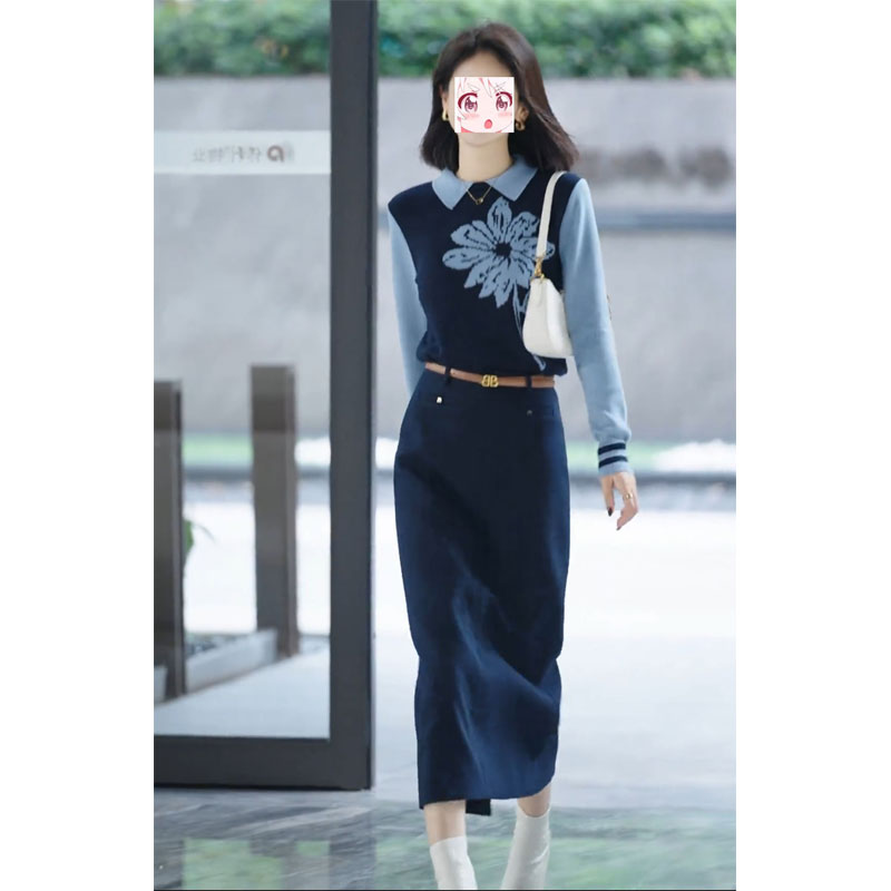 2024秋冬气质假两件拼色长袖针织衫收腰半身裙子轻职风两件套装潮