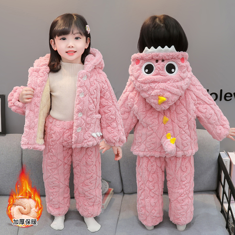 女童睡衣冬季加绒加厚珊瑚绒儿童冬款三层夹棉女孩家居服保暖套装