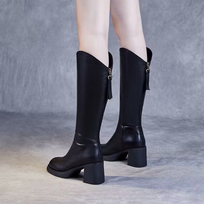 不过膝头层牛皮长筒靴女2025年秋冬新款时尚百搭厚底增高时装女靴