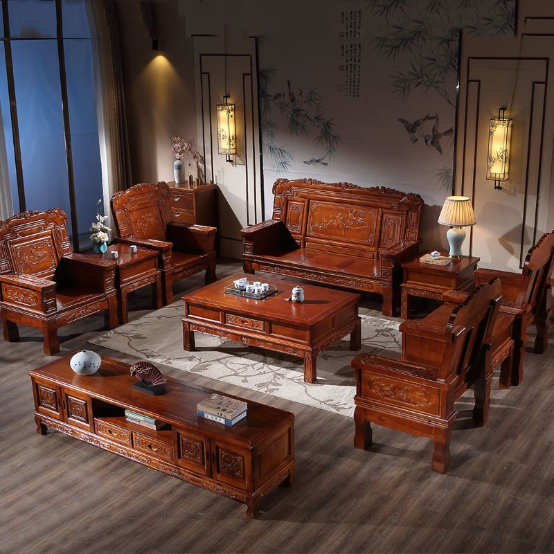 中式实木沙发组合仿古雕花套装木头沙发冬夏两用经济型农村木沙发