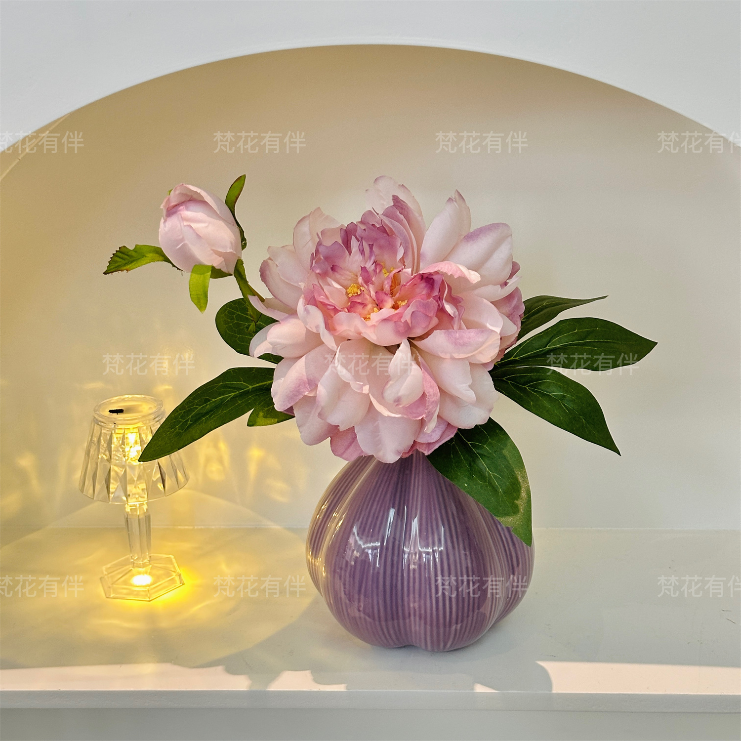 紫牡丹花搬新家仿真花客厅餐桌装饰床头柜新中式高级感陶瓷摆件