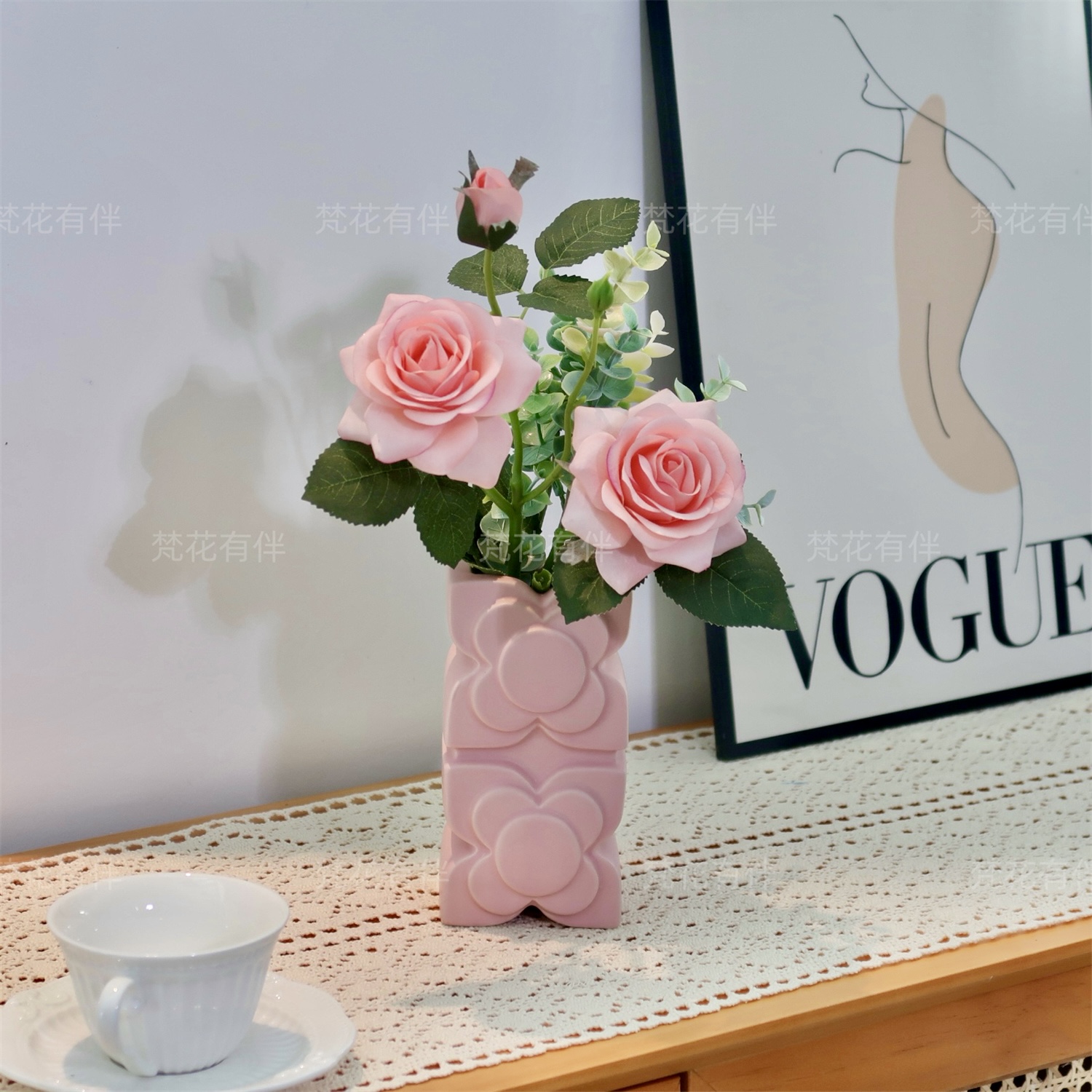 粉黛佳人保湿手感玫瑰仿真花桌面茶几餐桌玄关假花客厅书桌摆件