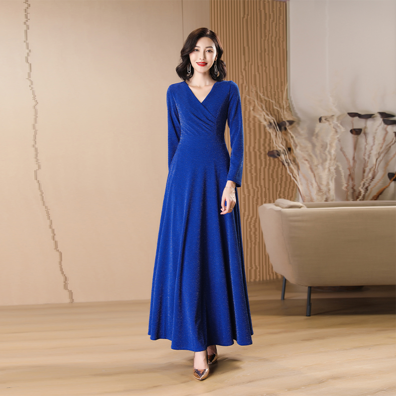 蓝色长袖连衣裙女2022秋新款高级感气质长款显瘦裙子高级感显瘦