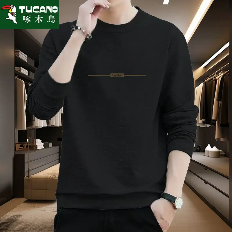 啄木鸟韩版新款男士早秋卫衣时尚加厚圆领套头打底宽松大码潮上衣