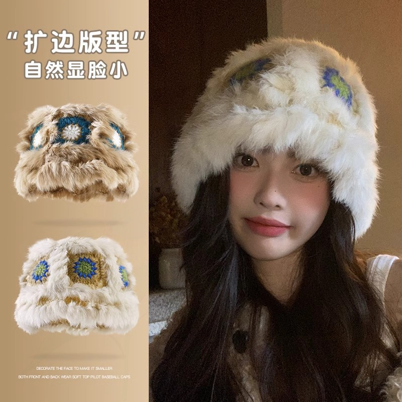 升级款兔毛手工编织醒狮帽防寒渔夫帽子女可爱毛绒针织盆帽秋冬
