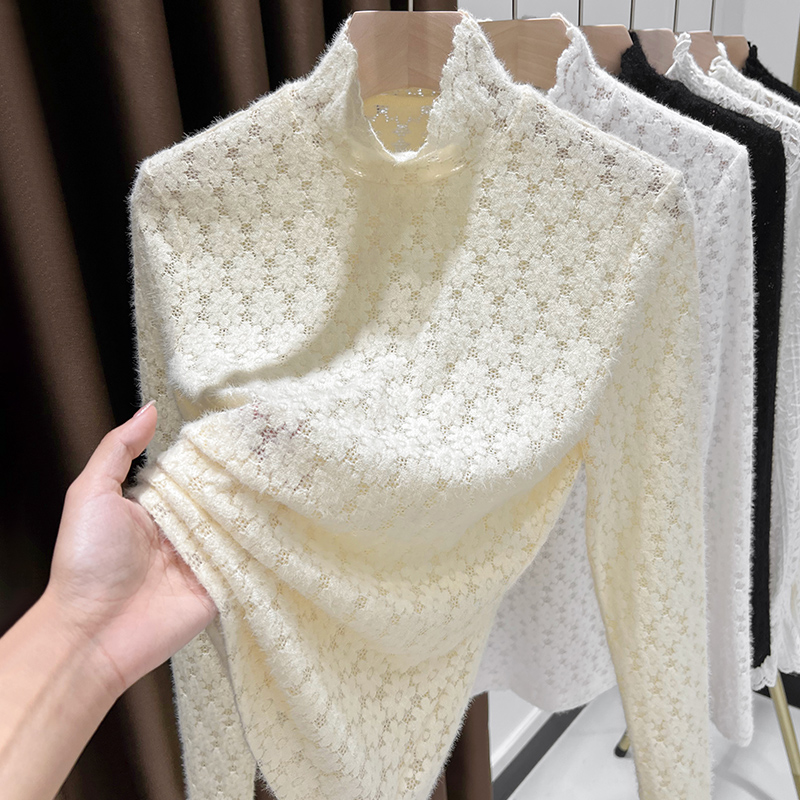 洋气半高领网纱打底衫女长袖内搭蕾丝小衫秋冬可外穿加绒保暖上衣