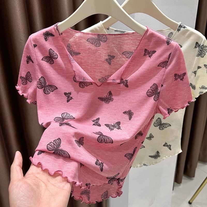 粉色V领短款上衣女夏弧形下摆修身T恤短袖内搭木耳边打底衫薄款