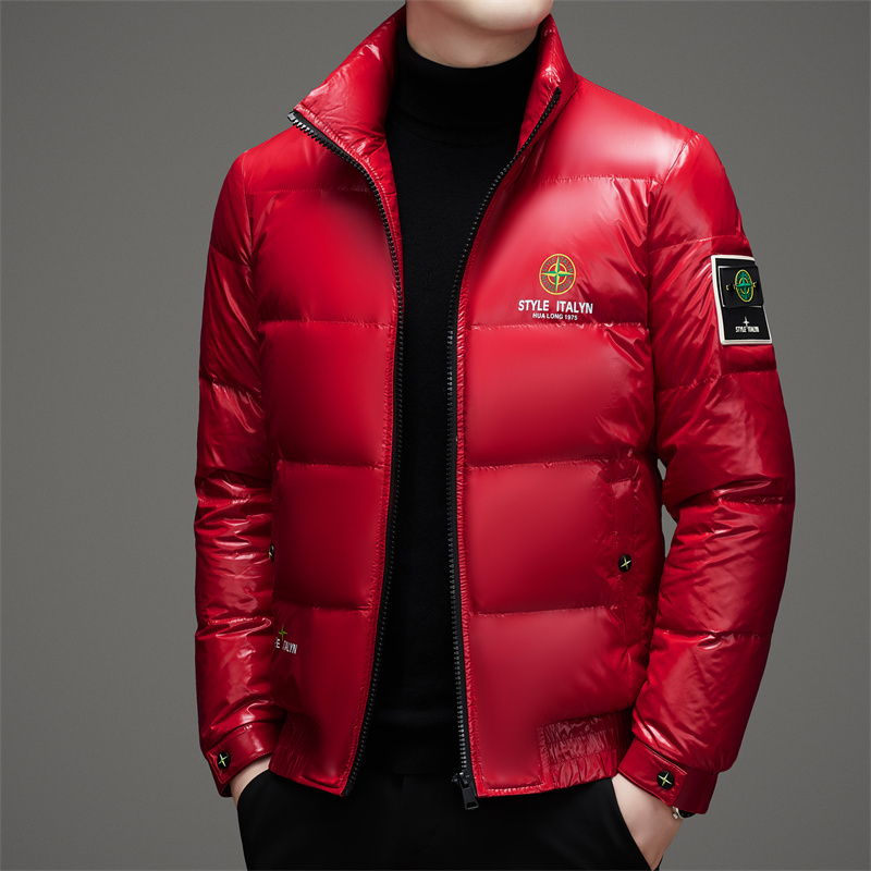 2025冬季高品质男士羽绒服中青年亮面红色高端短款白鸭绒夹克外套